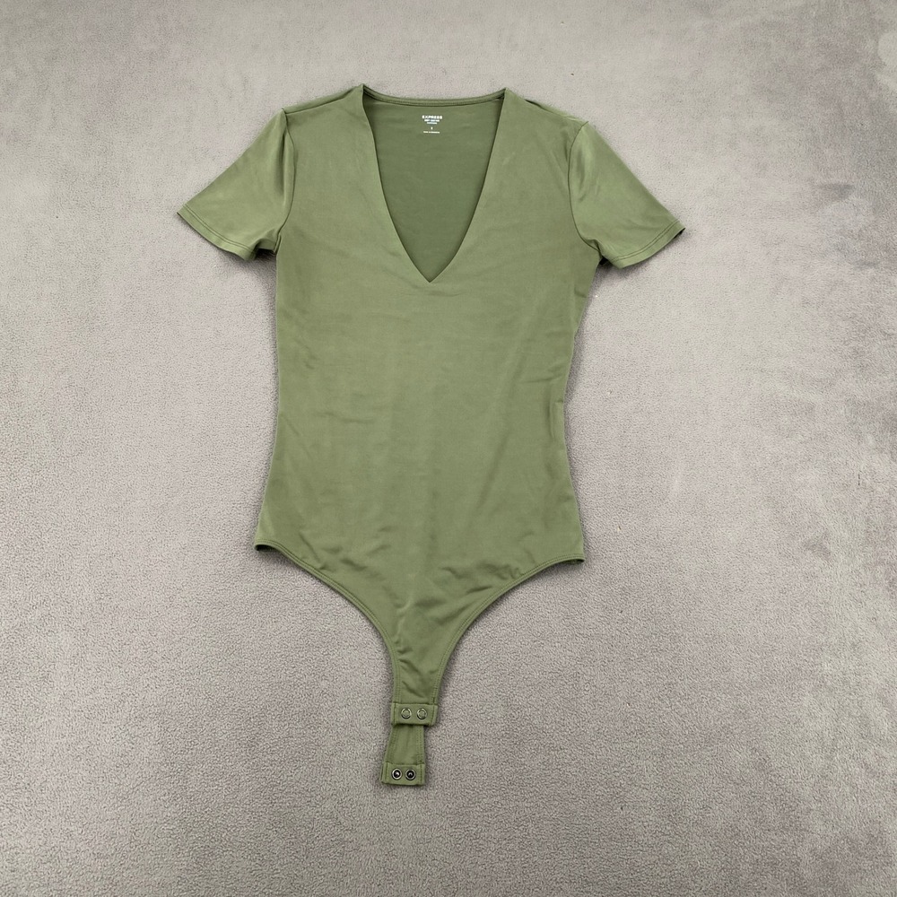 Express Body Contour Compression Bodysuit Small Olive Green V-Neck Short Sleeve